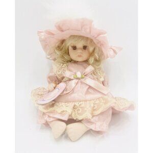 Menie Porcelain Doll 8” Blonde Brown Eyes Satin Pink Dress Lace Hat Dusty Rose